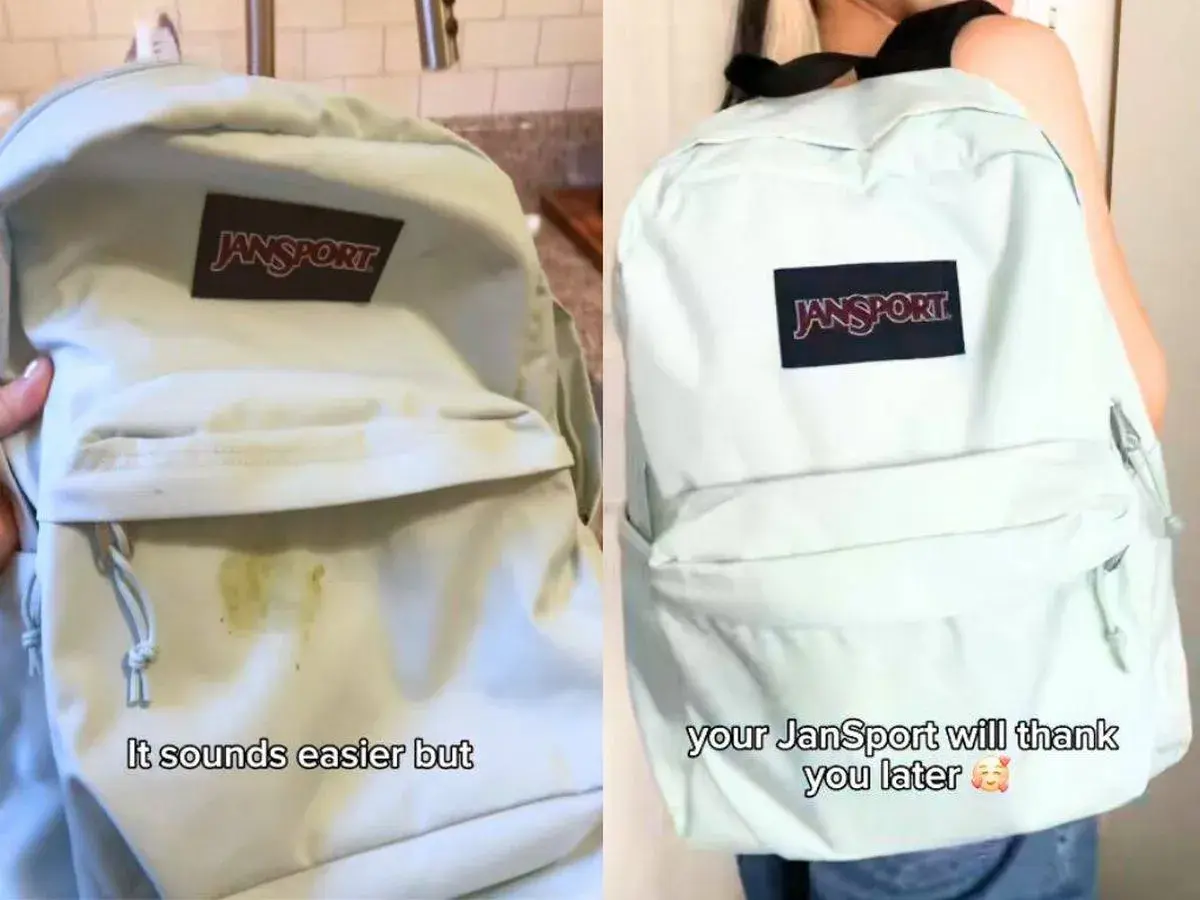 Mochila Jansport sucia antes y después de lavar en lavadora. ¡Tu mochila te lo agradecerá!