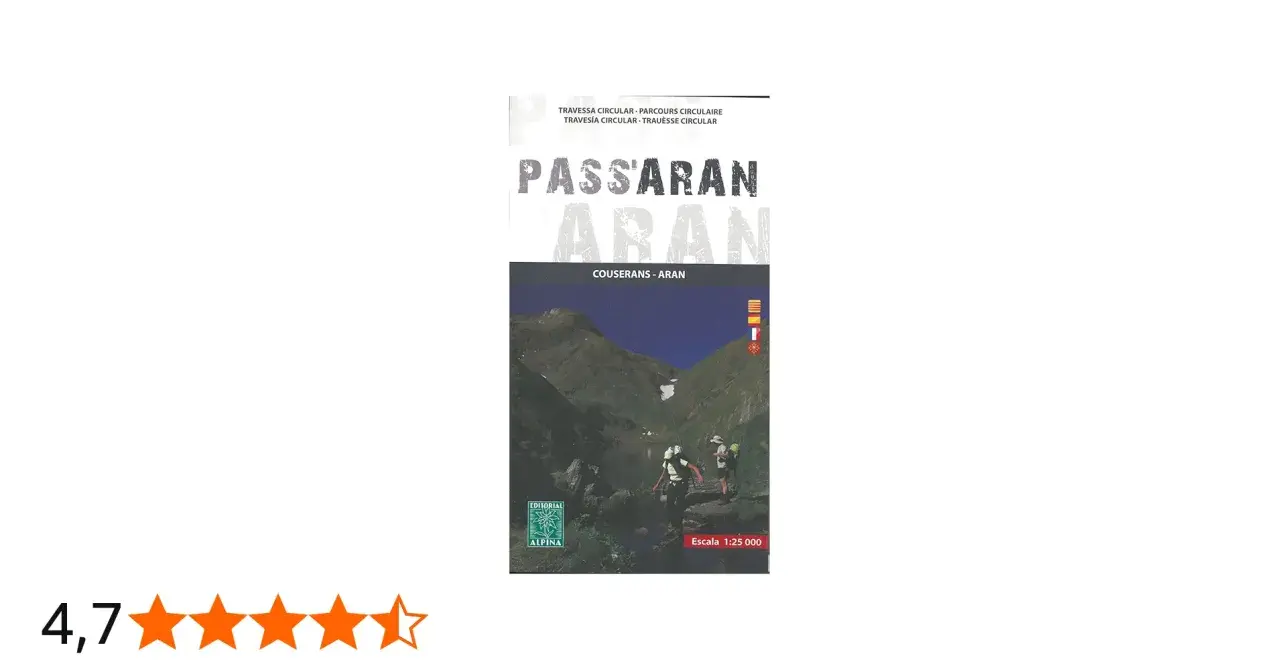 Mapa de senderismo "Pass'aran" para la travesía circular Couserans-Aran. Dos excursionistas se preparan para superar etapas en un paisaje montañoso junto a un lago.