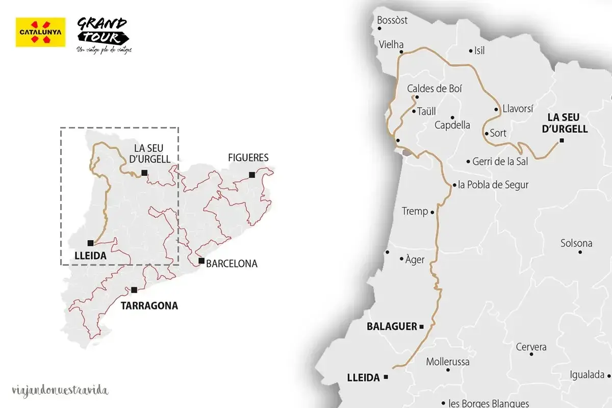 Mapas de los Pirineos y Cataluña, mostrando la ruta del Grand Tour con ciudades como Lleida, La Seu d'Urgell y Barcelona.