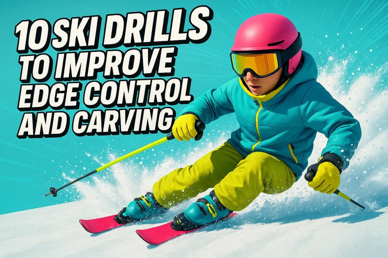 Un esquiador con casco rosa y gafas naranjas desciende una pendiente nevada. El texto "10 SKI DRILLS TO IMPROVE EDGE CONTROL AND CARVING" explica que es el esquí alpino.