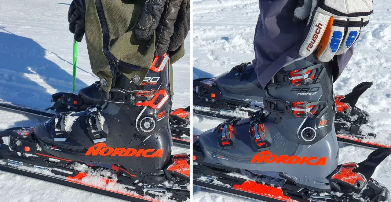 Botas de esquí Nordica Pro Machine en la nieve. ¿Cuánto pesan unas botas de esquí? Estas parecen ser de alto rendimiento.