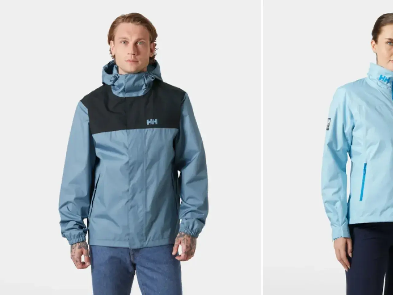 Hombre y mujer con chaquetas Helly Hansen, un legado de ropa funcional. La chaqueta azul del hombre tiene un panel negro en el pecho.