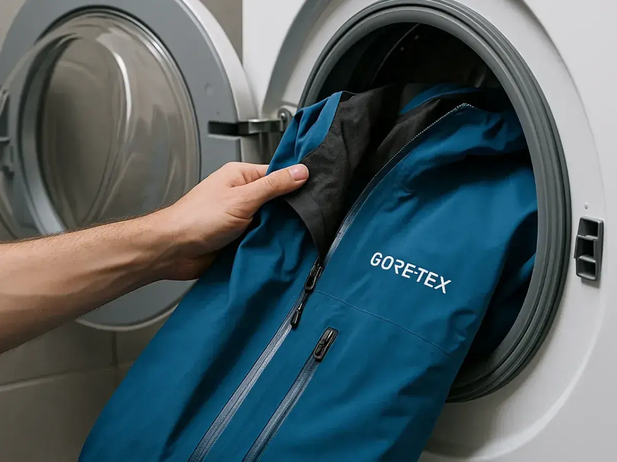 Mano mete chaqueta azul GORE-TEX en lavadora. Aprende cómo lavar Gore-Tex para mantener su impermeabilidad.