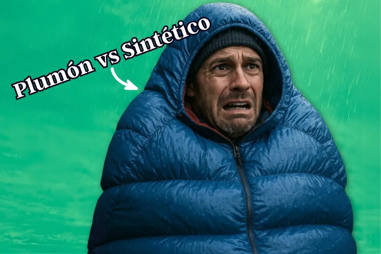 Hombre con chaqueta azul mojada, con cara de angustia. Texto: "Plumón vs Sintético". ¿Qué es Primaloft?