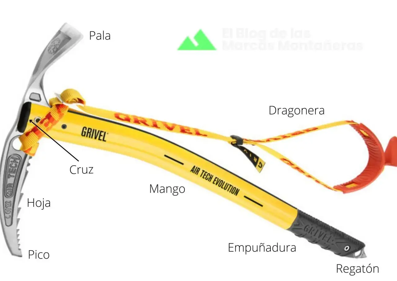 Piolet de tracción amarillo Grivel con pala, pico, mango y empuñadura. Ideal para escalada en hielo.