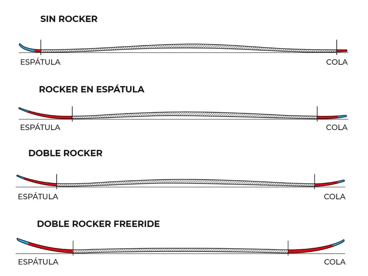 Ilustración de perfiles de esquí: sin rocker, rocker en espátula, doble rocker y doble rocker freeride. Cada uno muestra la forma del rocker.