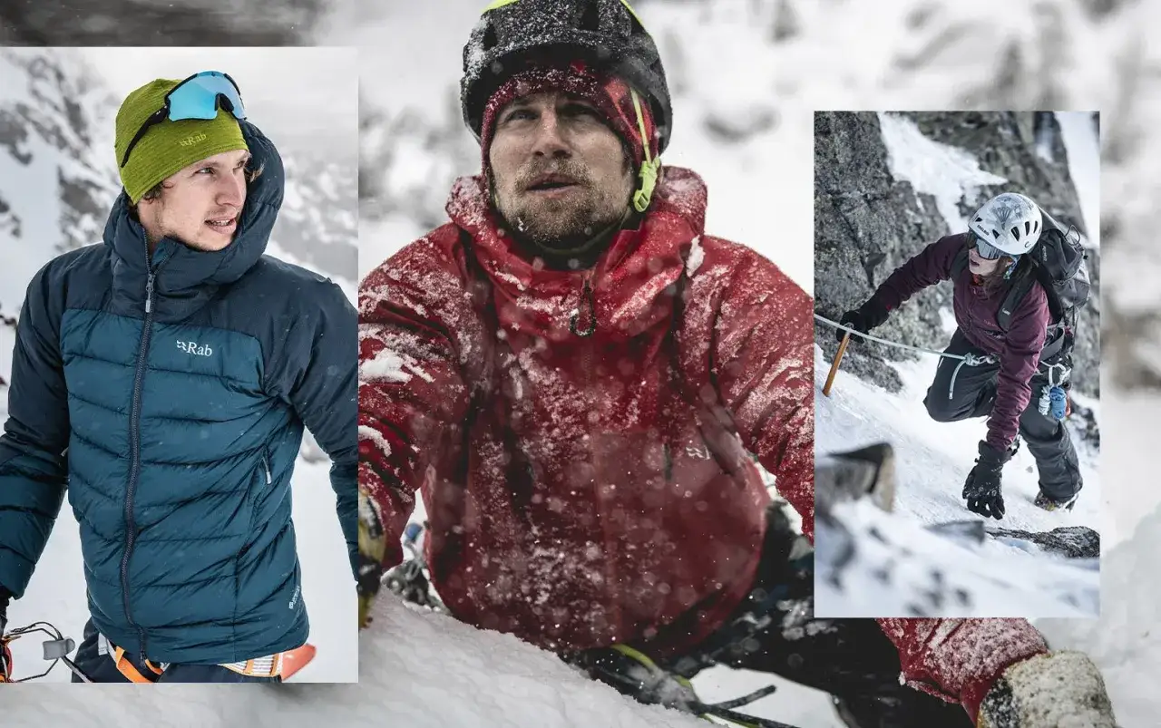 Tres personas equipadas con material de alpinismo en un entorno nevado. Un hombre con chaqueta azul, otro con chaqueta roja y una mujer escalando.