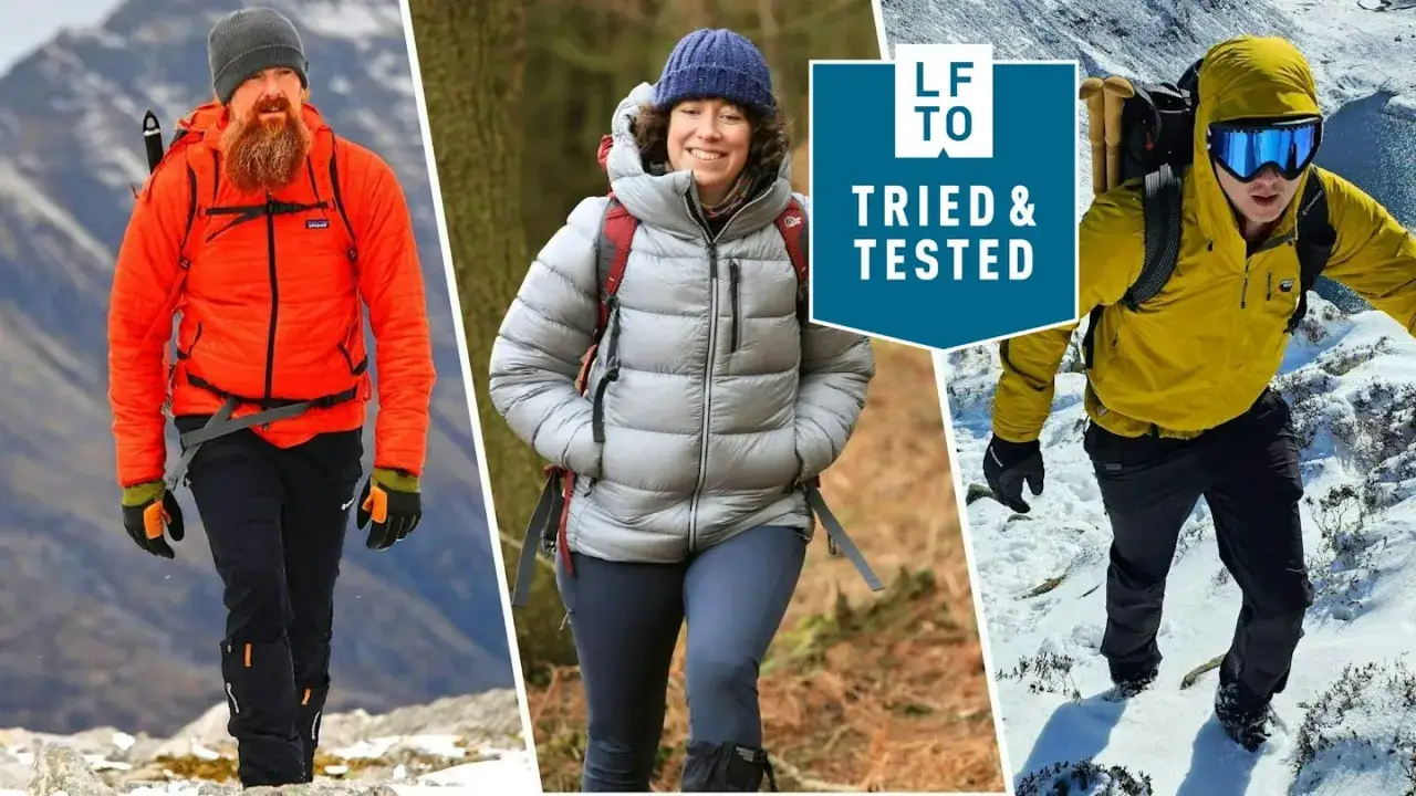 Tres personas en la monta&ntilde;a con ropa abrigada. La chaqueta plateada de la mujer usa aislamiento Primaloft, que es ligero y c&aacute;lido.