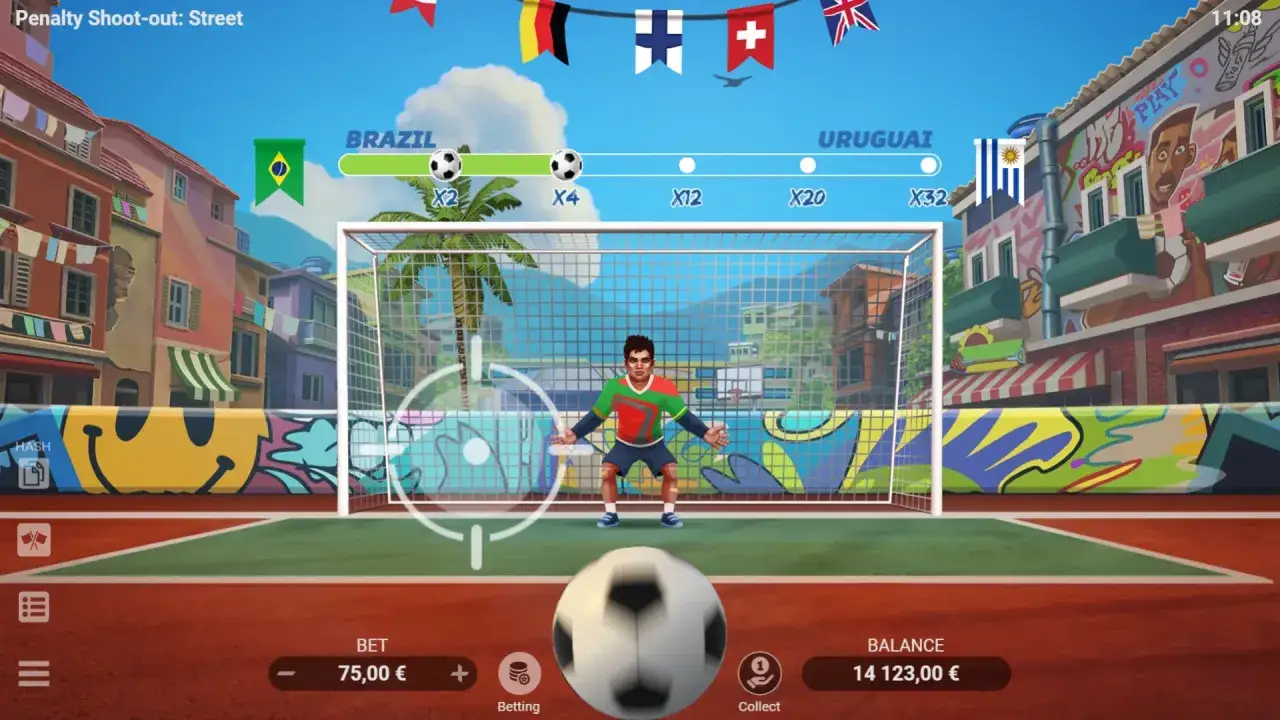 ¿Qué es Penalty Shoot Out y cómo se juega? Un portero brasileño se prepara para detener un penalti en este juego de fútbol callejero.