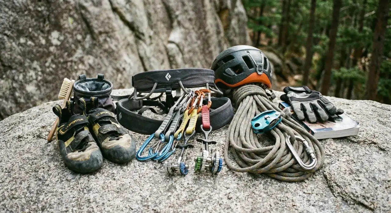 Todo el material para escalar en roc&oacute;dromo: pies de gato, casco, arn&eacute;s, cuerdas, mosquetones, y guantes, listos para la aventura.