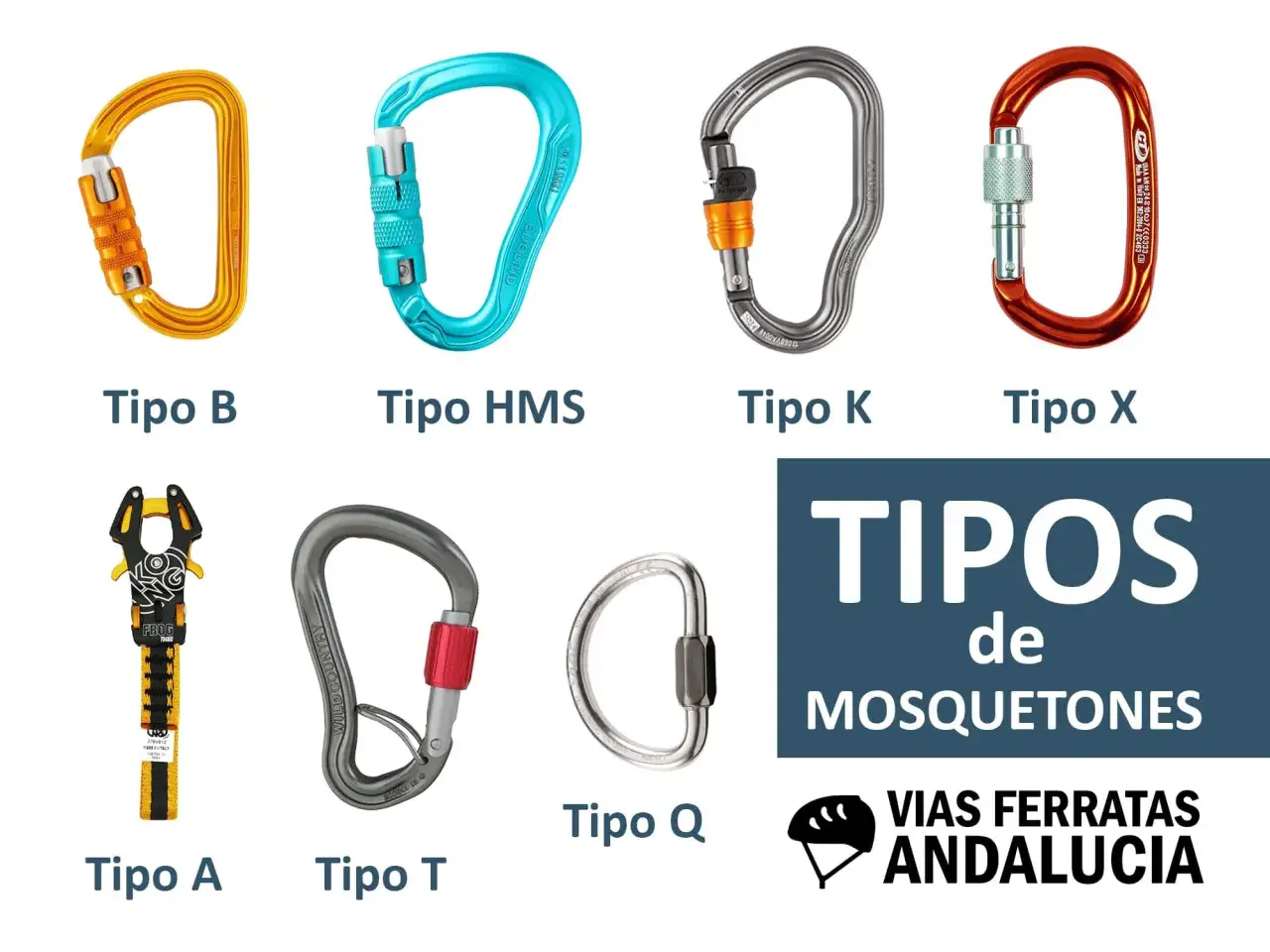 Diversos tipos de mosquetones: B, HMS, K, X, A, T, Q. Cada uno con un diseño y uso específico para escalada y vías ferratas.
