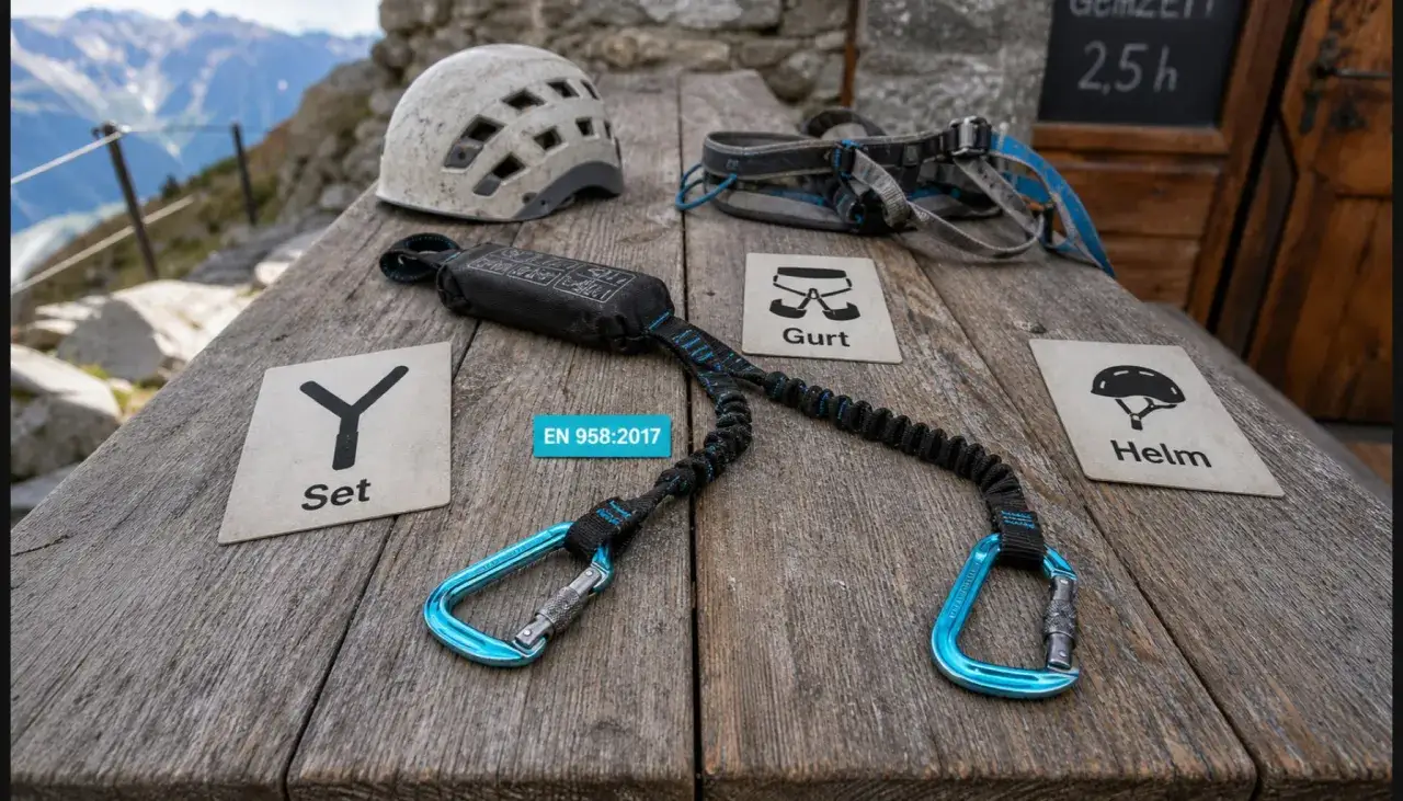 Equipo para vía ferrata iniciación: casco, arnés y set de anclaje. Todo listo para la aventura.