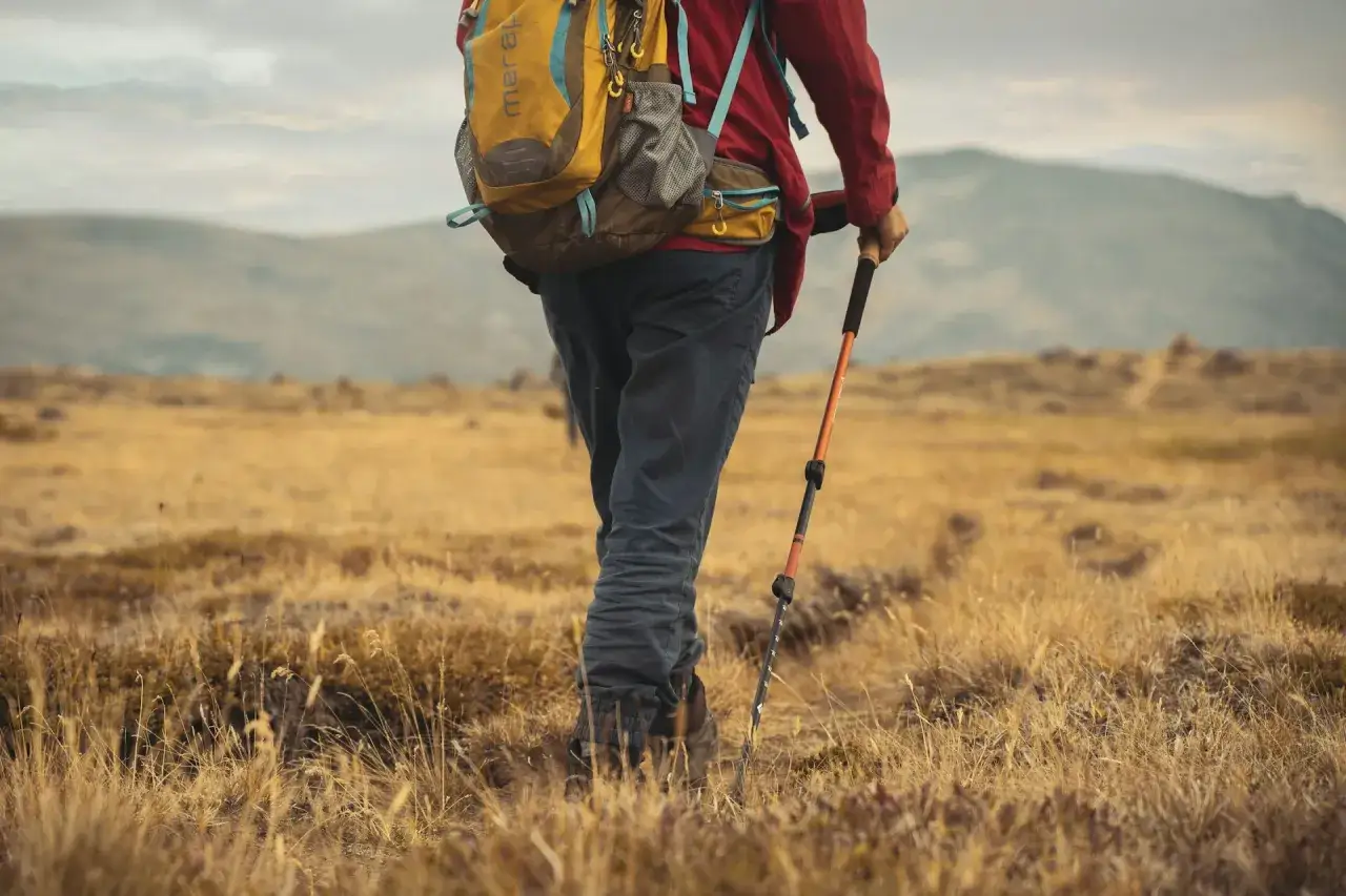 Persona camina por un campo seco, usando bastones de trekking. La elección correcta de bastones es clave para disfrutar de la ruta.