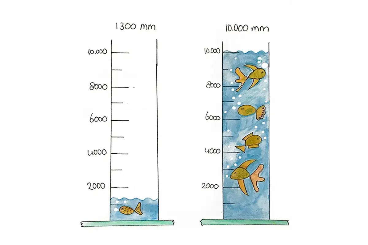 Dos columnas de agua, una de 1300 mm y otra de 10.000 mm, ilustran la columna de agua impermeabilidad con peces nadando en la más profunda.