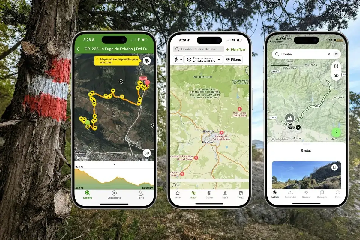 Comparativa de AllTrails vs Wikiloc: tres pantallas de móvil muestran rutas de senderismo en Ezkaba, Navarra.