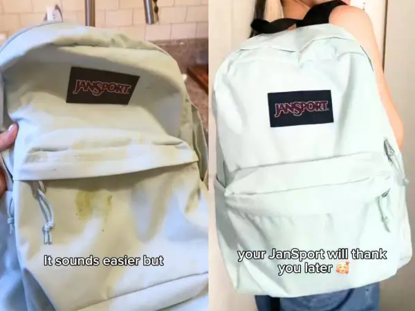 Mochila Jansport sucia antes y después de lavar en lavadora. ¡Tu mochila te lo agradecerá!
